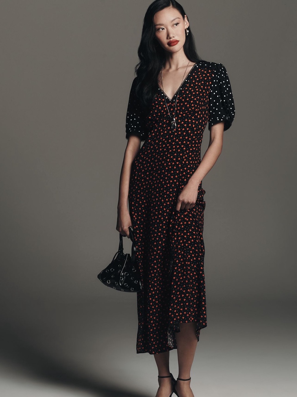 Maeve maxi dress  with Heart Print and Polka Dot Sleeves